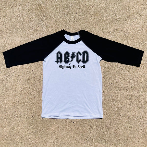 Baseball raglan youth tee with AB-CD Highway to spell screen printed on front.