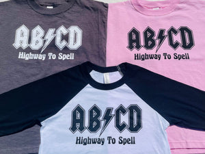 Three youth tees with AB-CD Highway to spell screen printed on front.