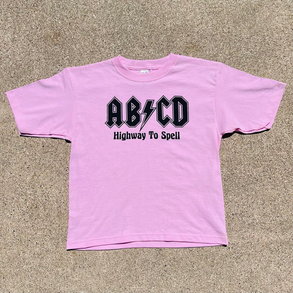 Pink Youth tee with AB-CD Highway to spell screen printed on front.