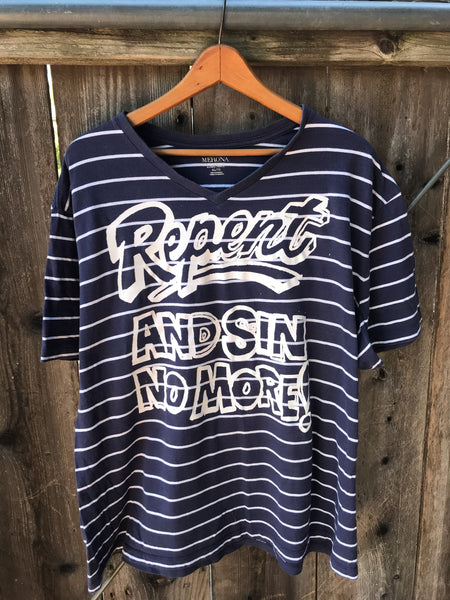 Recycled blue and white stripe tee with Andy Warhol water based screen print.