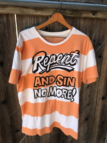Recycled orange and white stripe tee with Andy Warhol water based screen print.